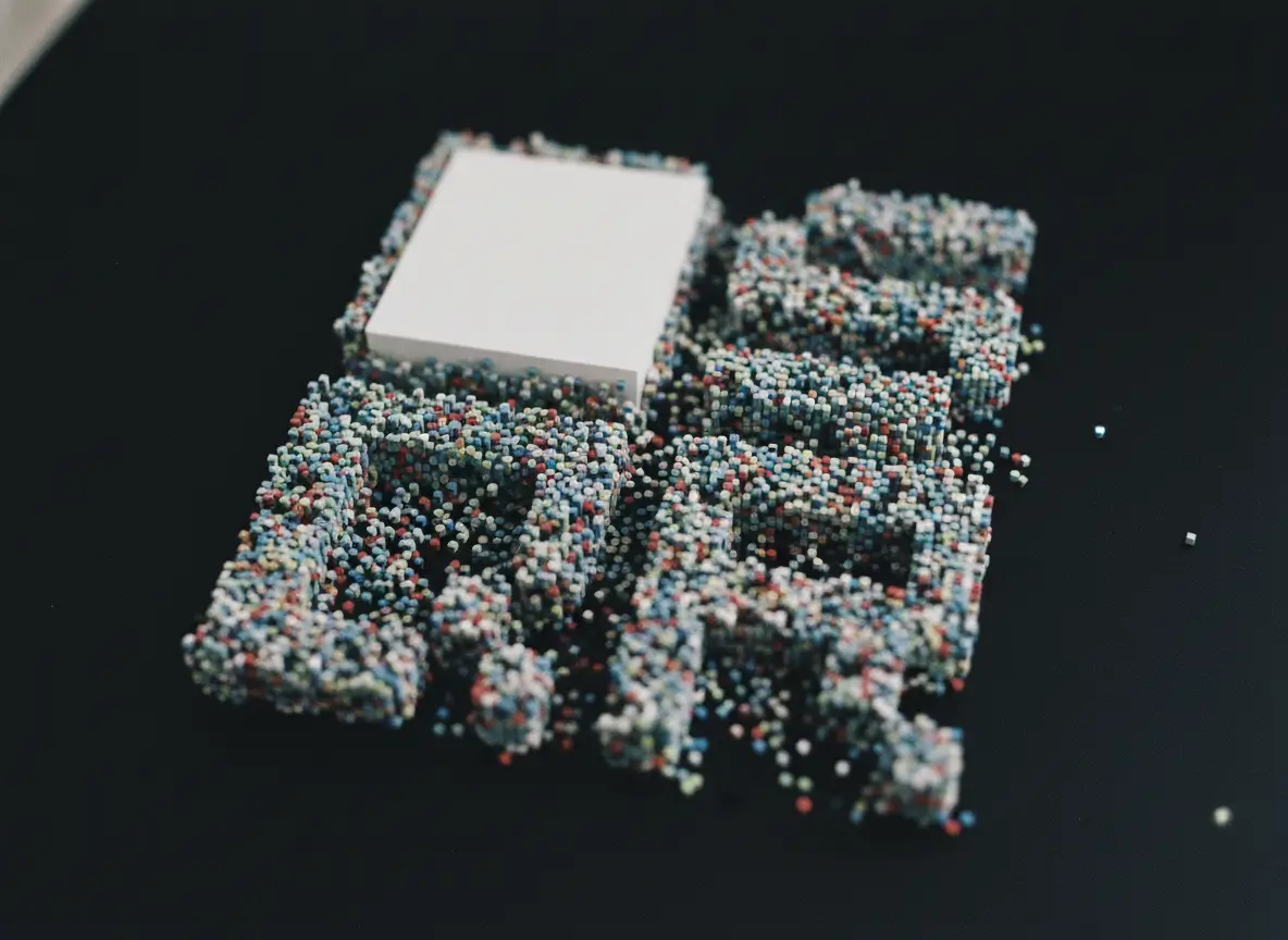 A dense QR code made of thousands of tiny multicolored beads spilling outward, showing how much information can be packed into a single square.