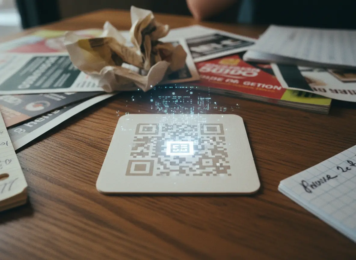 A clean printed QR code on a table surrounded by messy papers, with a subtle digital glow rising from it to show how a simple square can handle complex tasks behind the scenes.