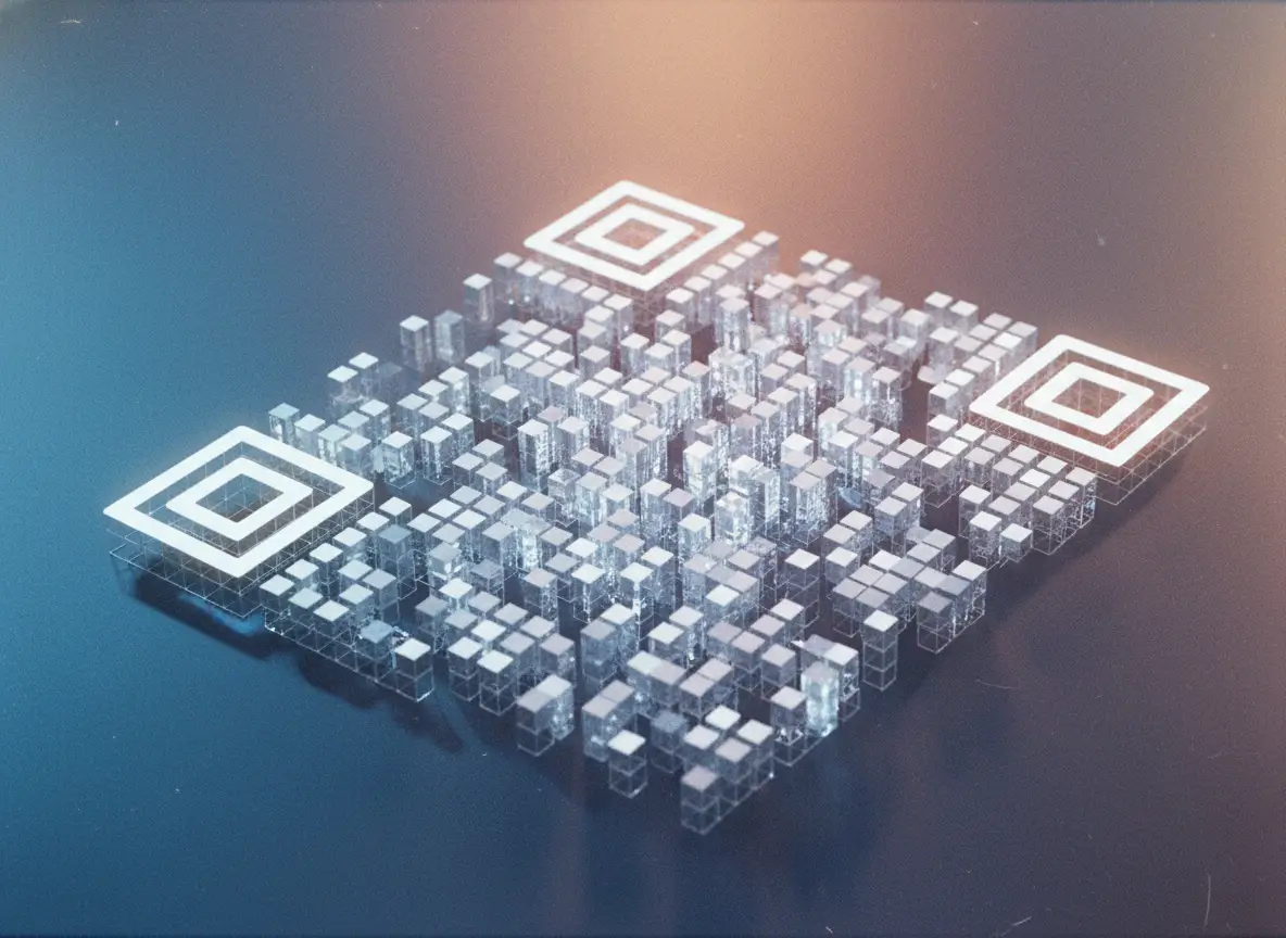 A 3D macro view of a QR code where its modules rise like tiny glass blocks, revealing the geometric structure behind the square.