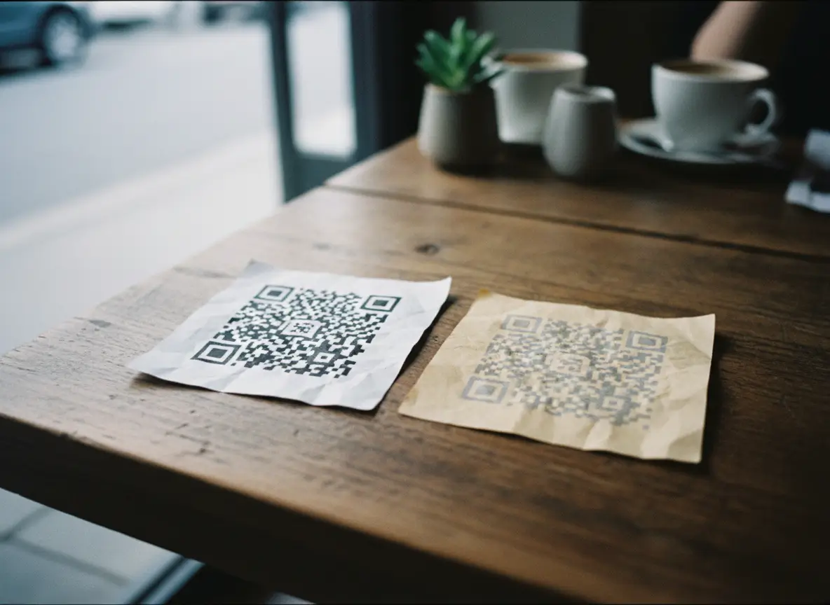 Two QR codes on napkins, one sharp black on white and one faded and hard to read.