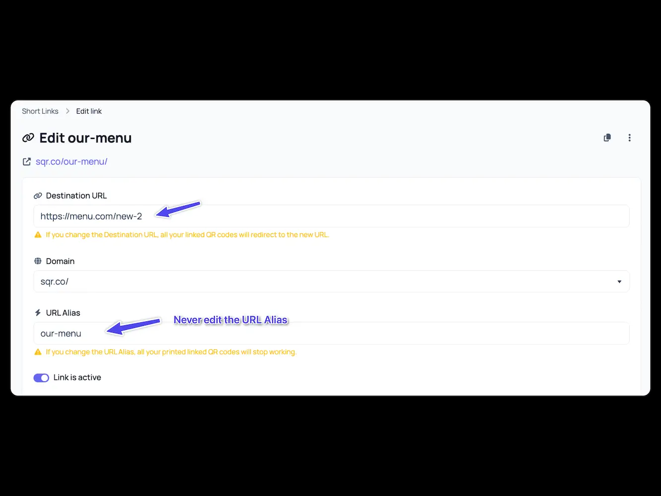 edit the destination of dynamic QR code in sqr.co