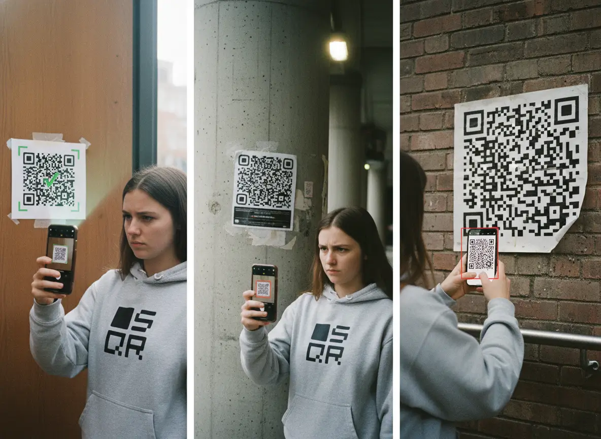 A series of real-world scenes showing a person trying to scan different QR codes under varying conditions, clearly illustrating why some scan instantly and others struggle.