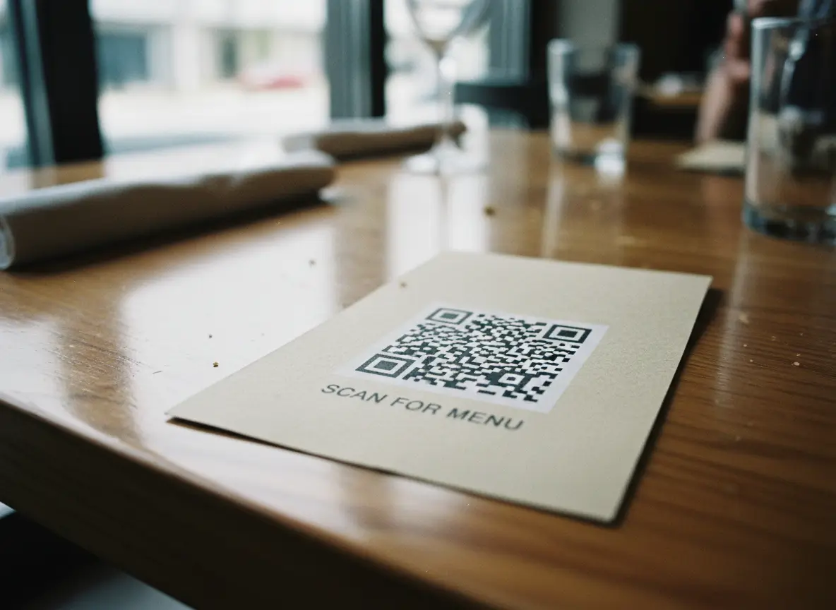 QR code printed on a menu card lying flat on a restaurant table for easy scanning.