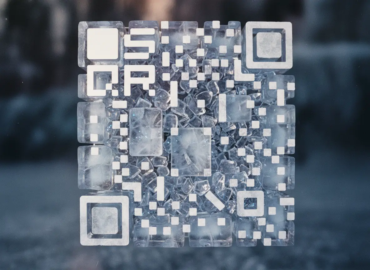 A QR code made of frozen, glasslike blocks packed tightly together, symbolizing data locked permanently inside a static pattern.