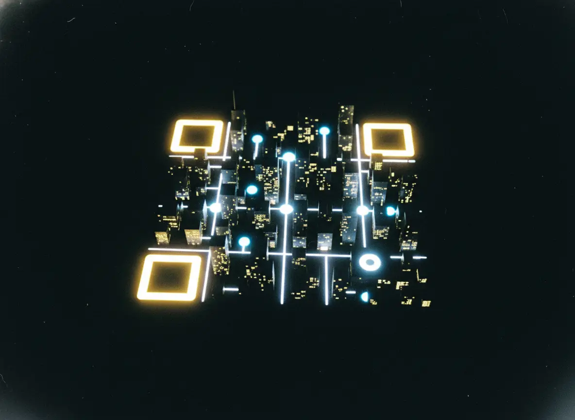 A QR code shown as a damaged structure that still holds together: chunks of modules missing, some squares cracked or scratched, yet the overall pattern remains readable. Around the broken areas, faint ghost-like duplicates of the missing modules float in place, hinting at automatic reconstruction. The scene feels like a resilient system repairing itself. Shot by an old throwaway camera, in colour, with soft grain and imperfect edges, still clearly recognizable as a QR code. Je zei: alt ChatGPT zei: A glowing, futuristic QR code seen as a tiny city grid at night, with bright lines and lit modules showing how the pattern stays readable even when pieces go missing.