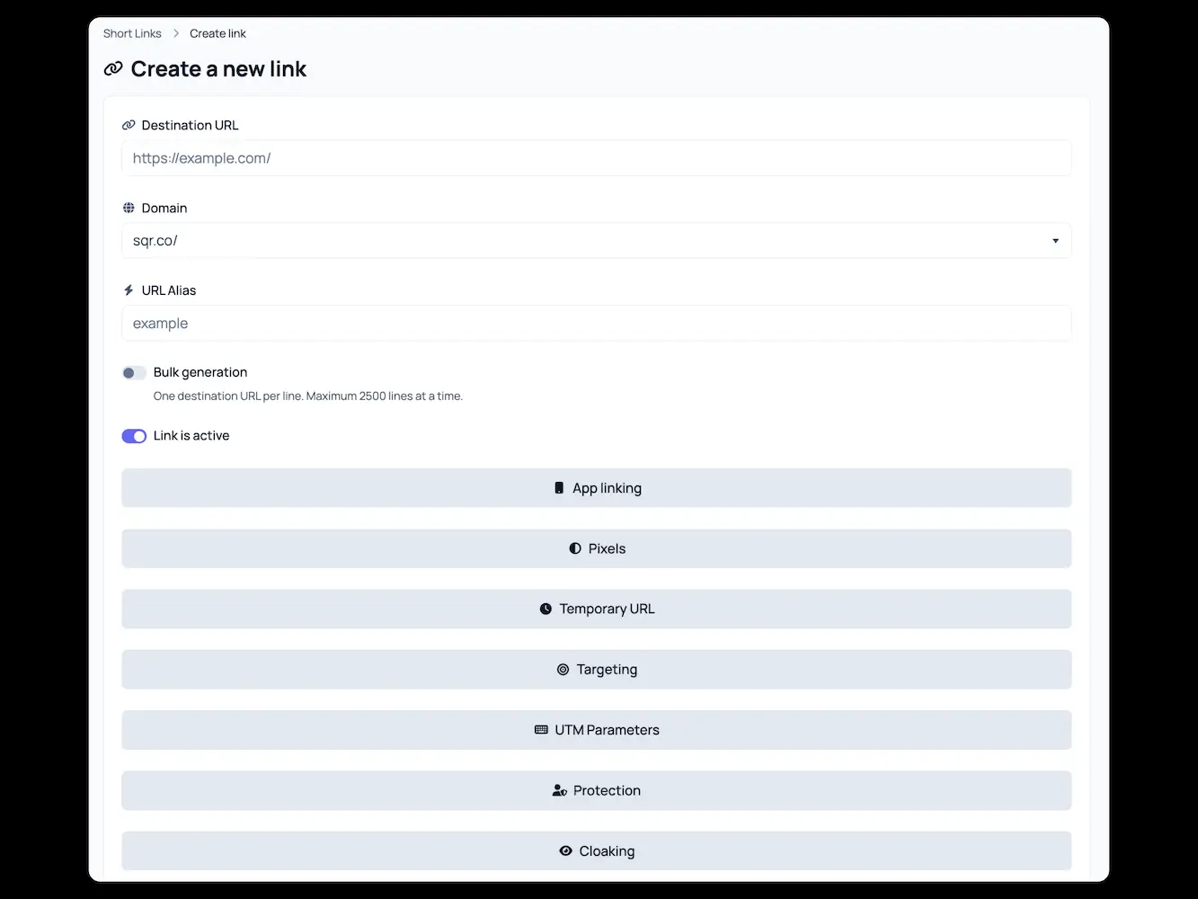 new short link creation form sqr.co