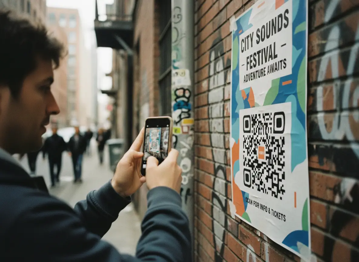 Person scanning a large QR code on a street poster taped to a brick wall.