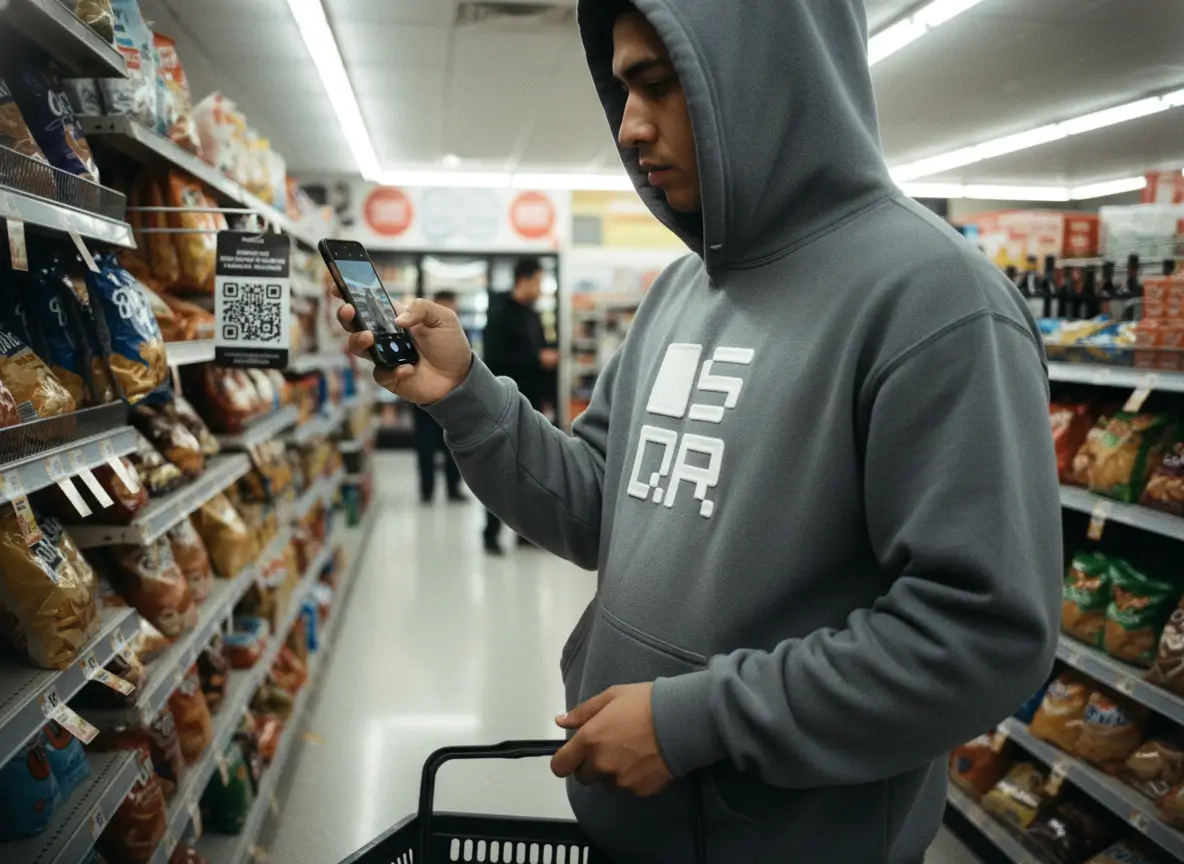 scanning qr code in the supermarket, wearing a SQR hoody.