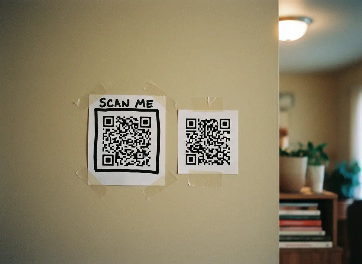A QR code with a bold “Scan Me” frame beside a plain QR code taped to a wall.
