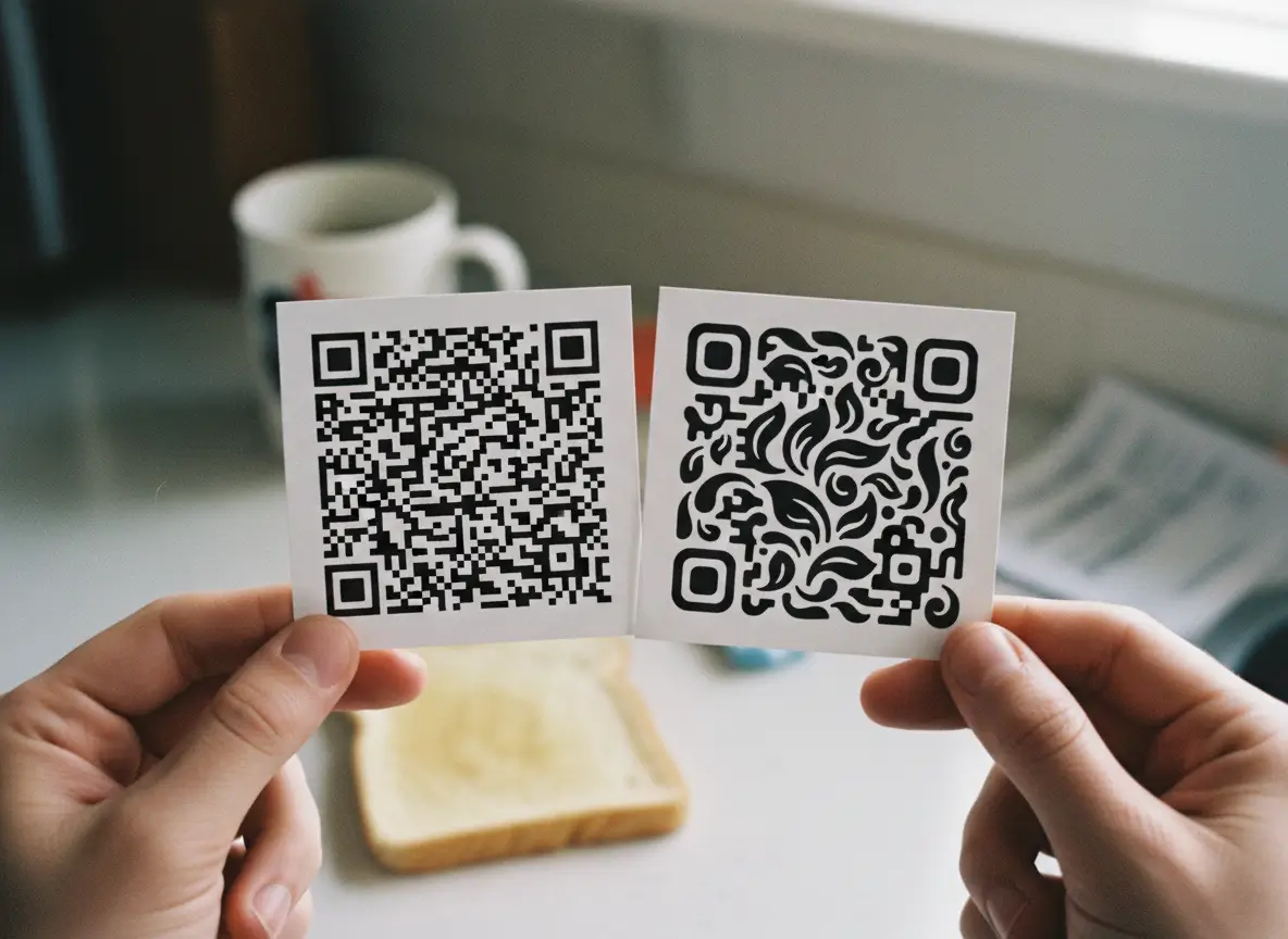 Two QR codes held side-by-side, one standard and one with decorative shapes that reduce scan reliability.