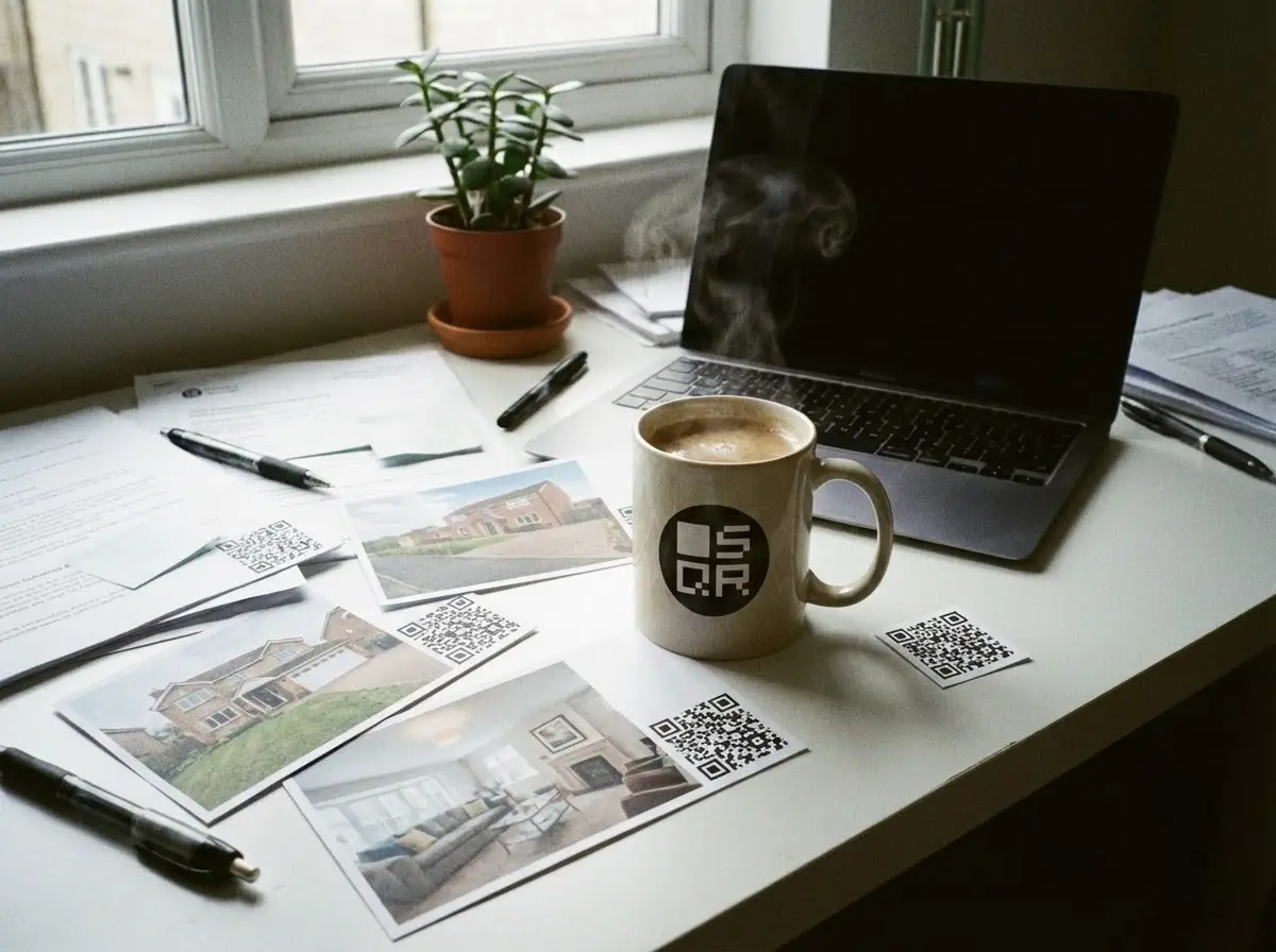 Desk with property photo prints featuring QR codes, a coffee mug, and a laptop in a calm home office setting.