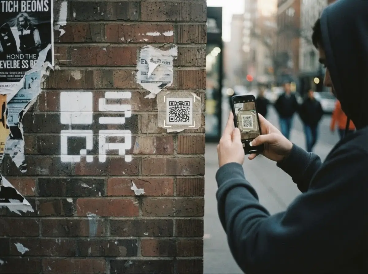 Person scanning a small QR code on a brick wall in a city street, showing how placement, contrast, and real-world conditions affect QR code scanning.