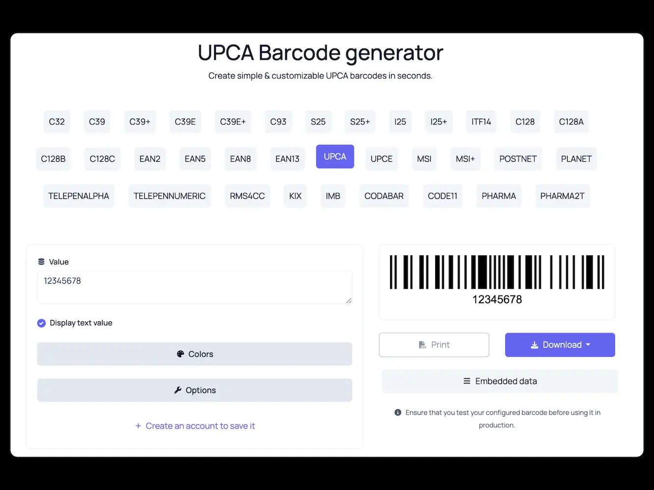 SQR’s UPCA barcode generator interface showing multiple barcode types, live preview, and print and download options.