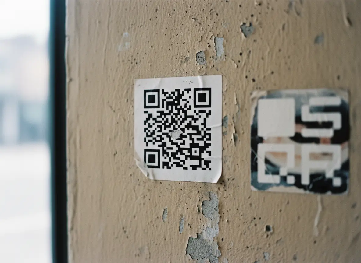 Worn QR code sticker on a rough wall with peeling paint, showing how damage and surface quality affect QR code scan reliability.