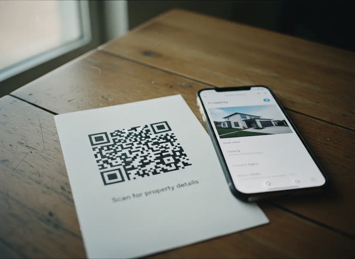 Printed QR code on a property flyer next to a phone showing a real estate listing on a wooden table.
