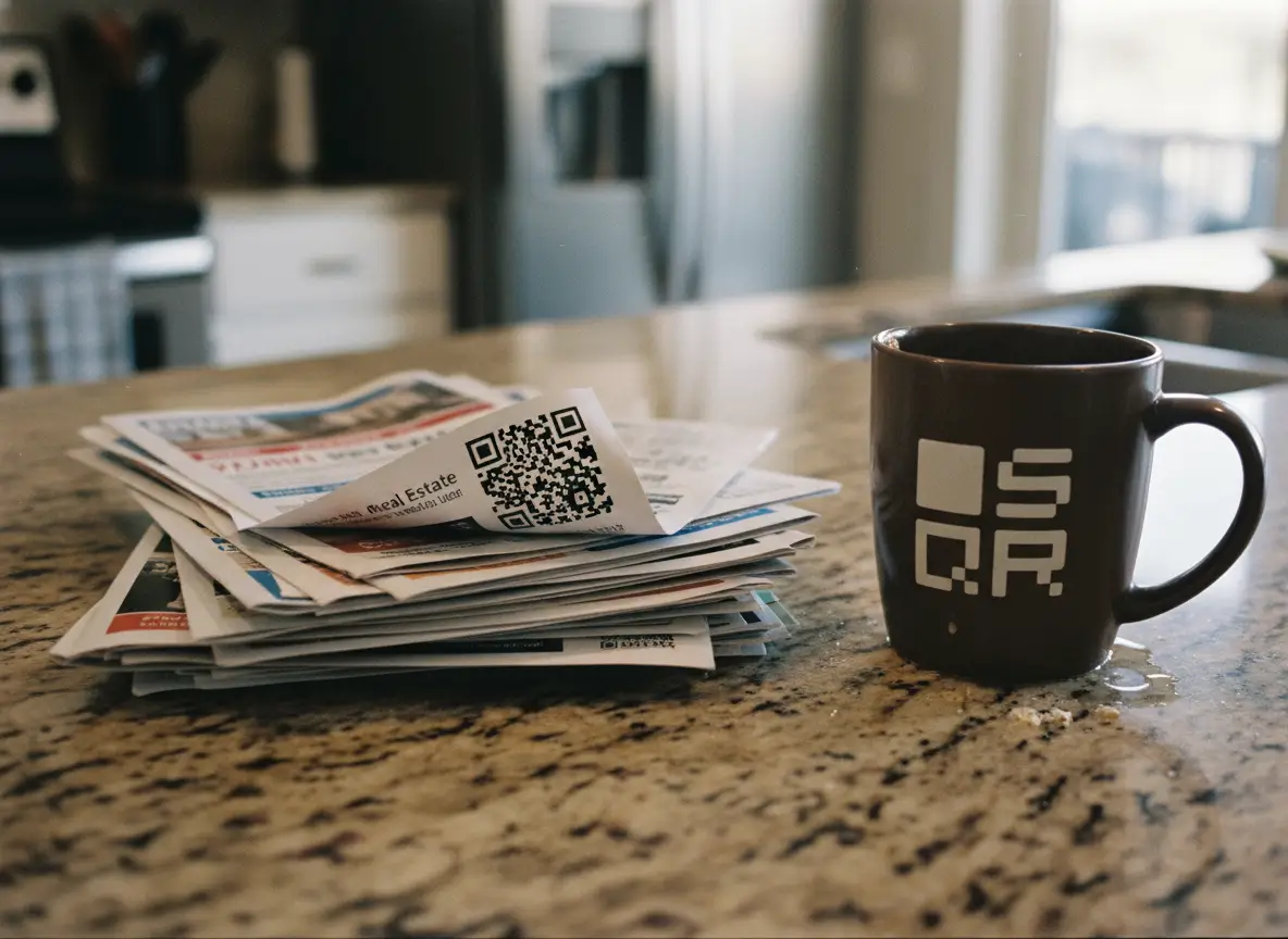 Stack of real estate flyers with a visible QR code on a kitchen counter next to a coffee mug.