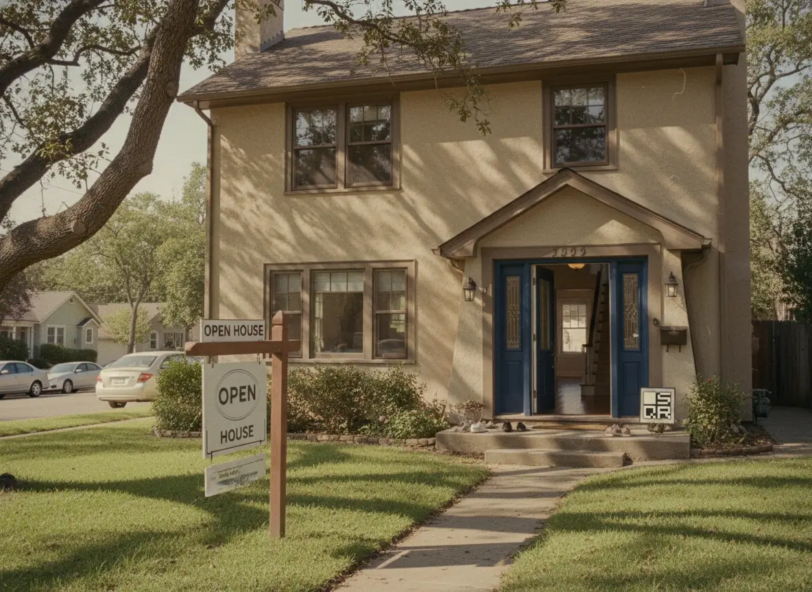 Open house sign in front of a family home with a QR code near the entrance on a quiet suburban street.