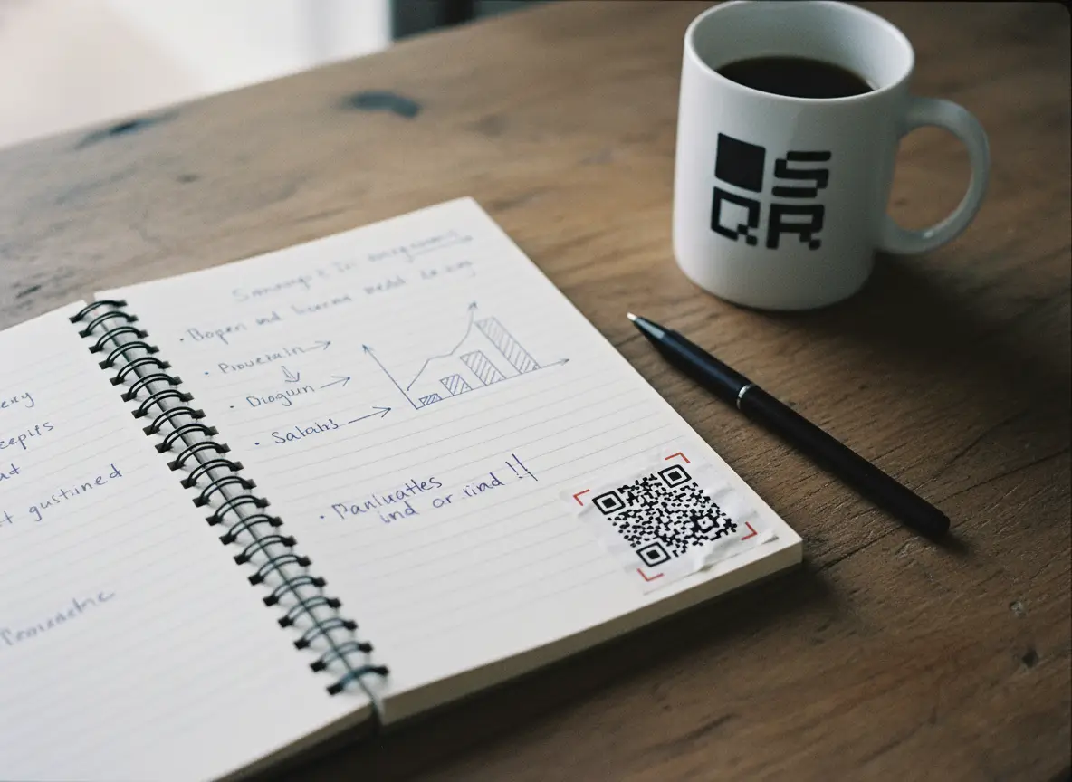 Notebook with handwritten notes and a simple chart, a QR code sticker on the page, and a coffee mug on a wooden desk.