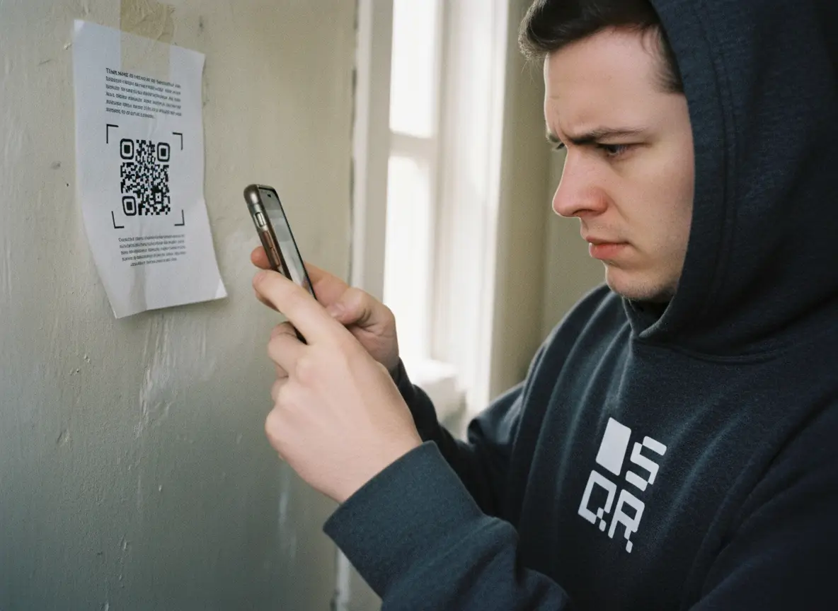 Person scanning a small printed QR code taped to a wall, showing how close-range size and print quality affect scan reliability.