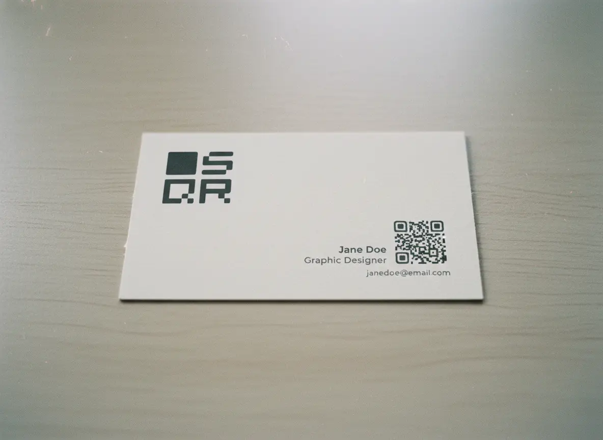 Business card with a small, clean QR code and SQR logo, showing proper QR code size for close-range scanning on printed cards.