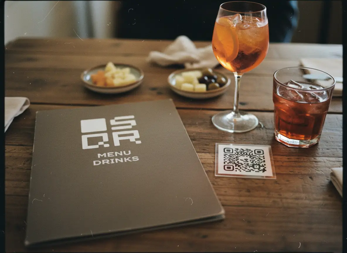 Restaurant table with drinks, a printed menu, and a tabletop QR code card, showing an ideal QR code size for close-range menu scanning.
