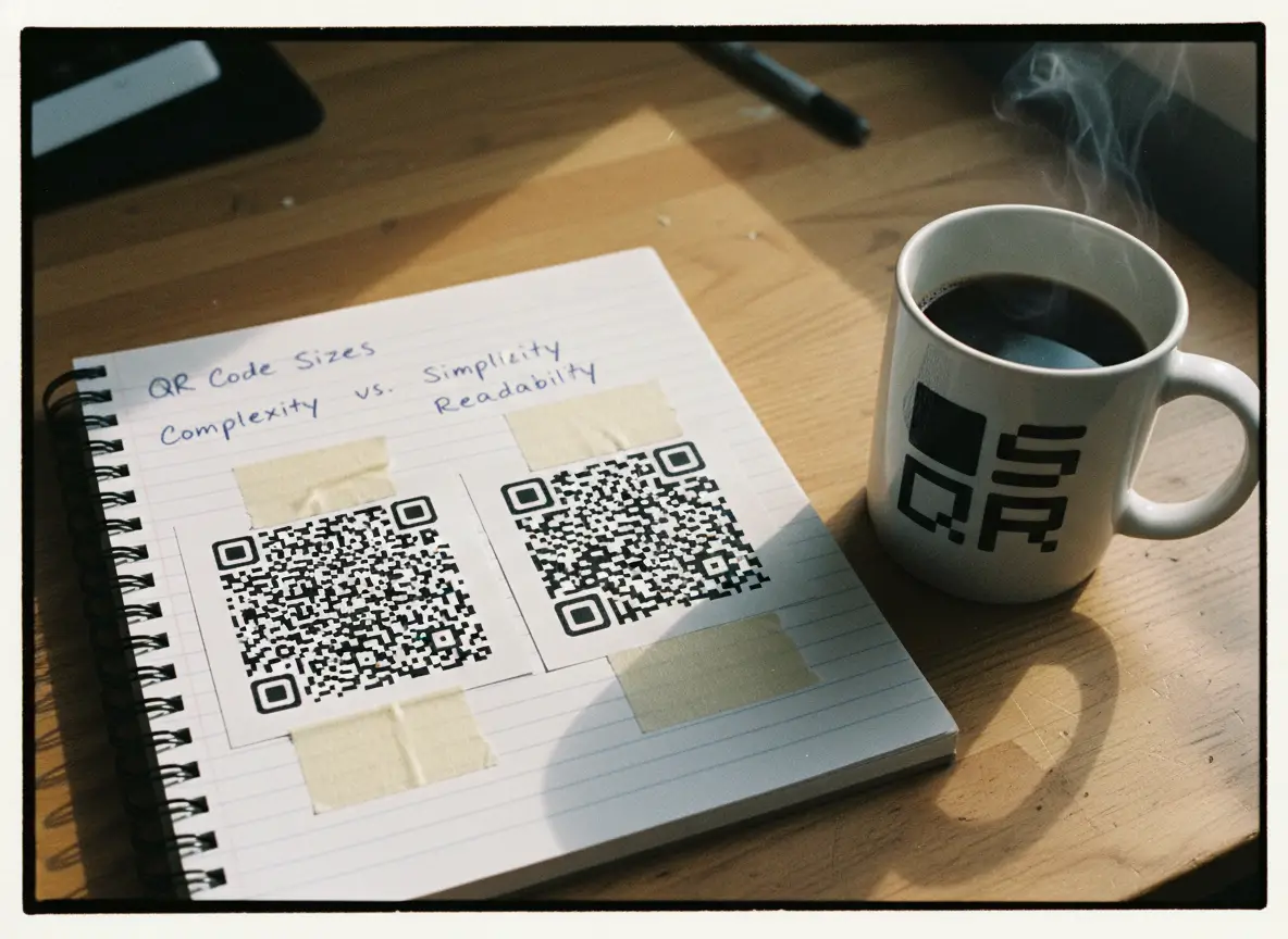 Notebook with two printed QR codes comparing complexity and readability next to a coffee mug, illustrating how QR code density affects scan performance.