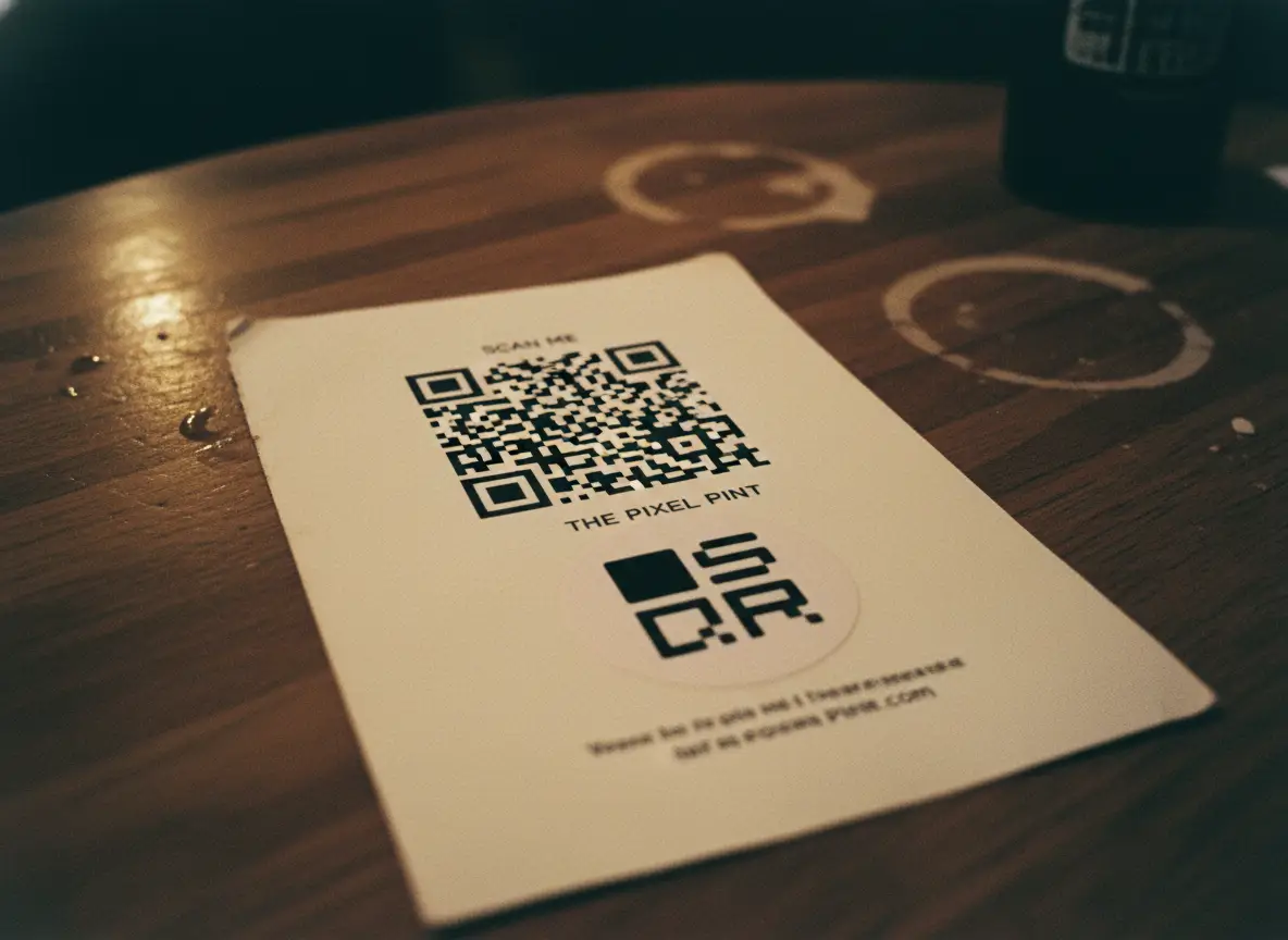 Printed QR code flyer on a wooden table with visible quiet space around the code, showing proper spacing and layout for reliable scanning.