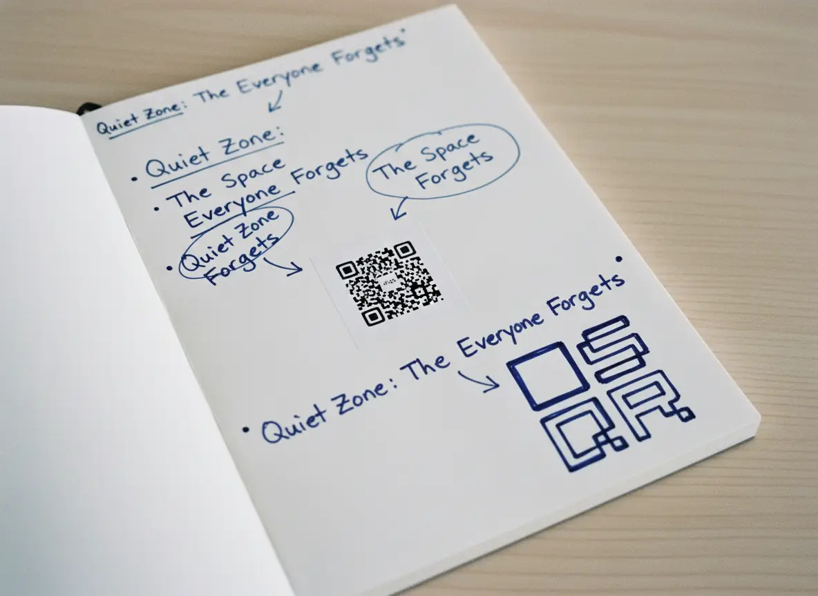 Notebook page with handwritten notes and a QR code placed too close to text and drawings, illustrating how missing quiet space can hurt QR code scanning.