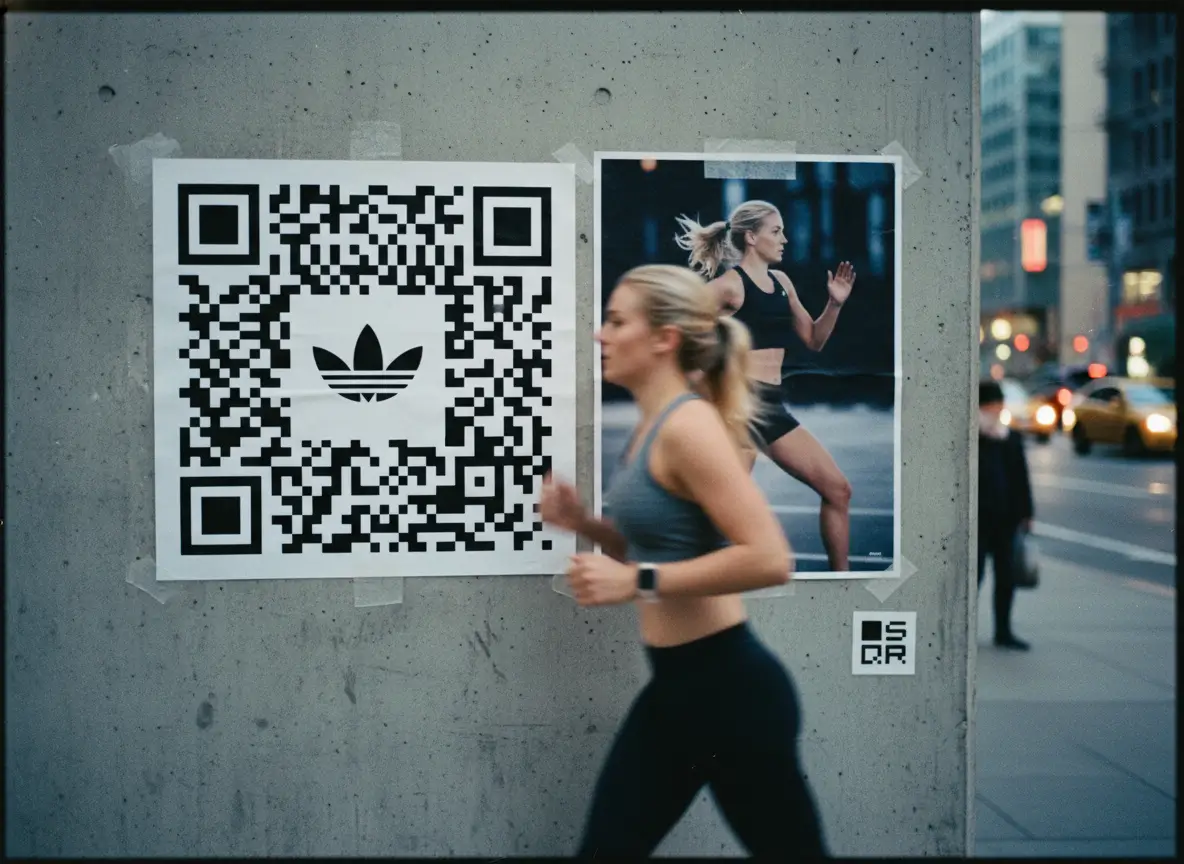 Large branded QR code poster on a concrete wall in a busy city street, sized for long-distance scanning, with people passing by in motion.