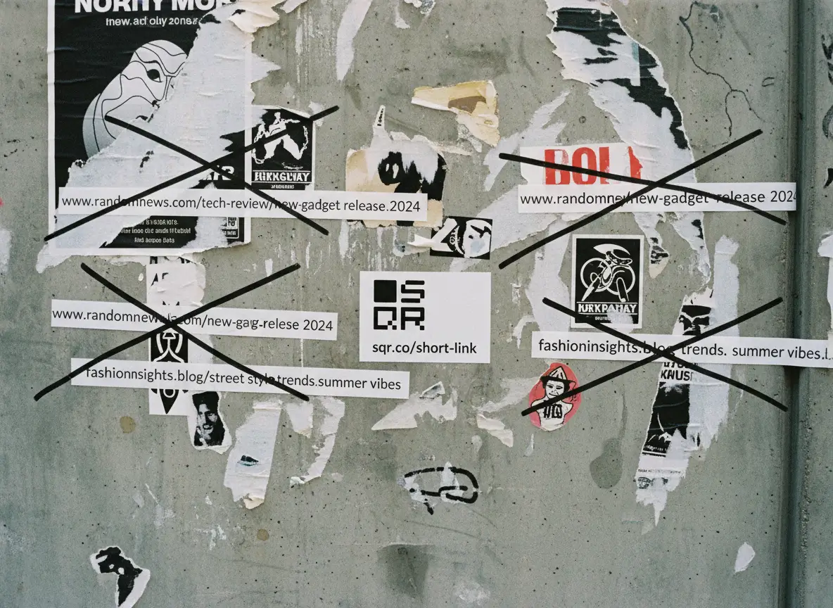 Several long, messy URLs crossed out on a concrete wall, with one clean short link left intact in the center.