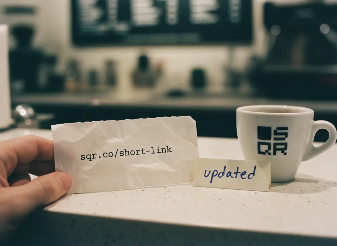A hand holds a short link on paper beside a coffee cup and a note labeled “updated” on a café counter.