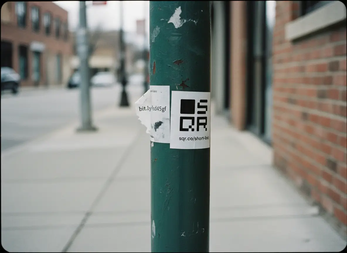A clean branded short link sticker stands out on a street pole next to a torn generic link, highlighting trust through clarity.