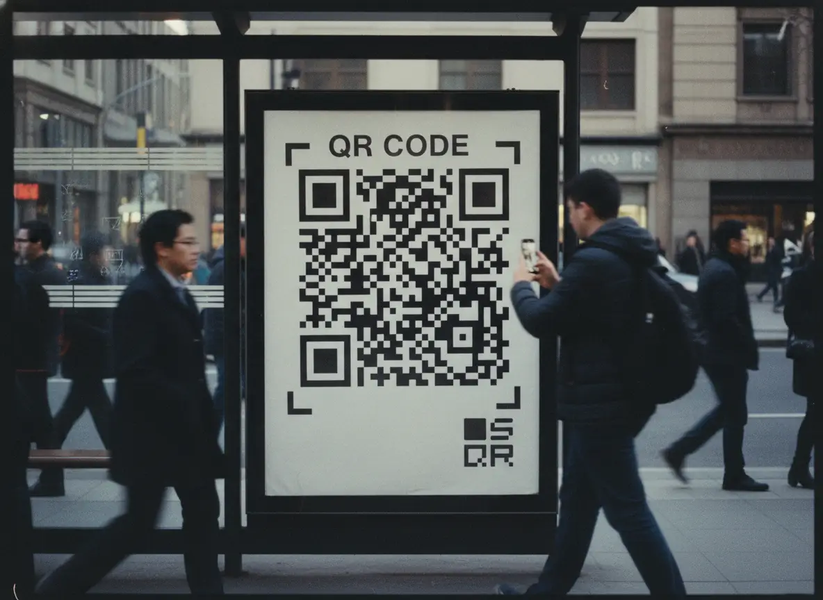 People walk past a large QR code poster at a bus stop while one person scans it with a phone, showing the same link used in a public context.