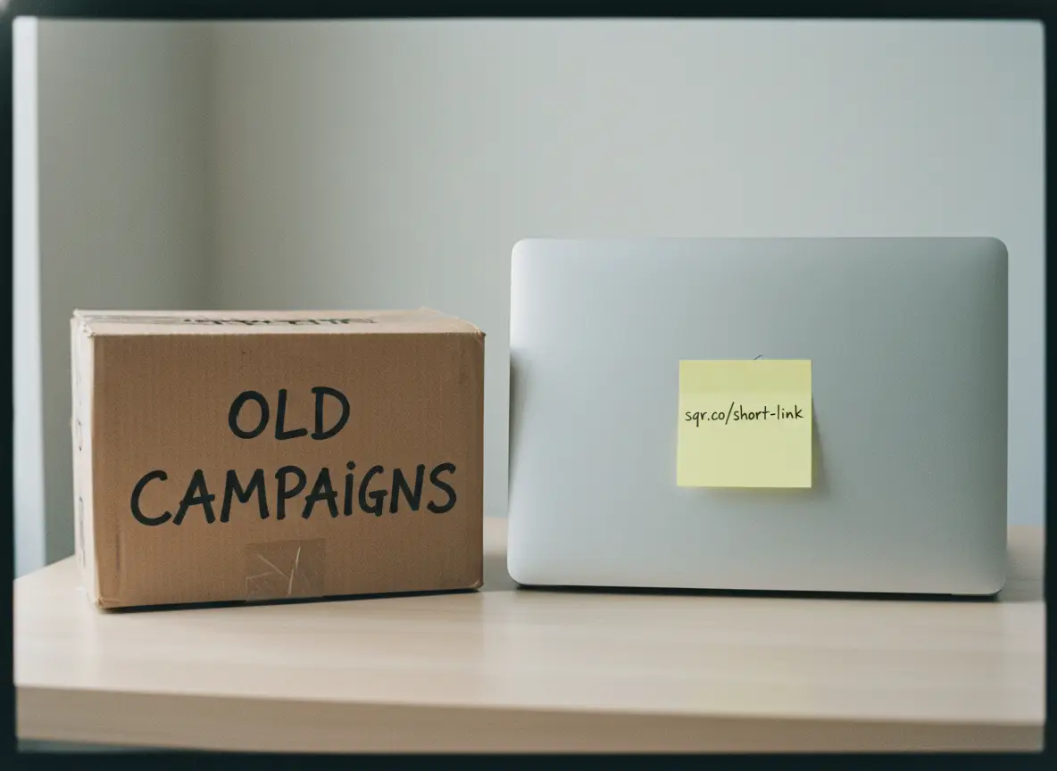 A box labeled “old campaigns” sits beside a laptop with a sticky note showing a short link, symbolizing links that adapt as businesses change.