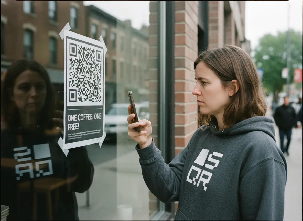 A woman in a grey hoodie scans a QR code on a café window with her phone, turning a printed offer into an instant digital link.