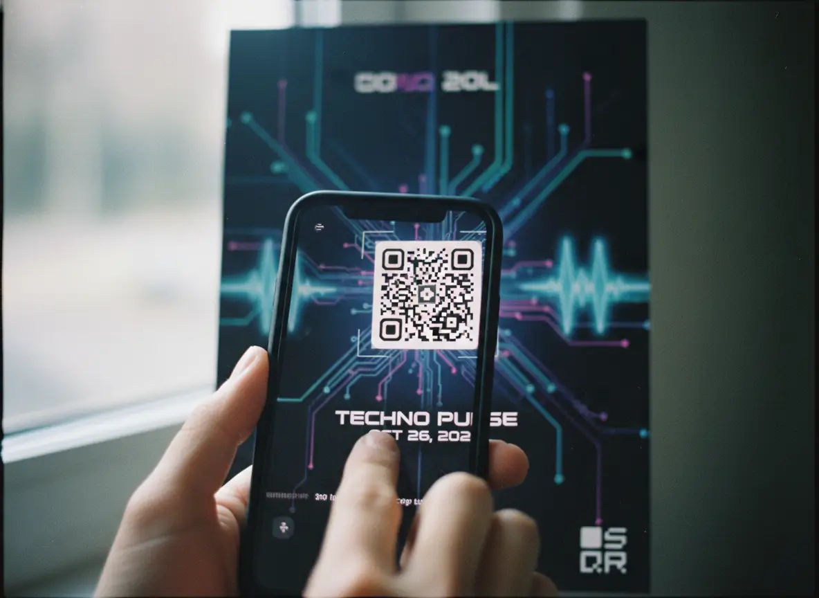 A phone scans a QR code on a poster, instantly turning a printed design into a clickable digital link on the screen.