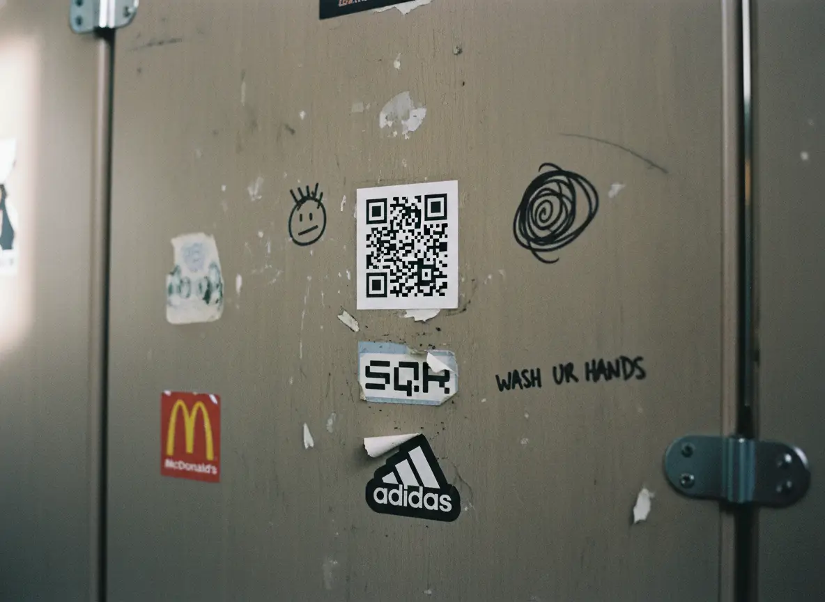 A QR code sticker placed at eye level on a worn wall, surrounded by everyday markings, showing how clear placement makes it easy to notice and scan.