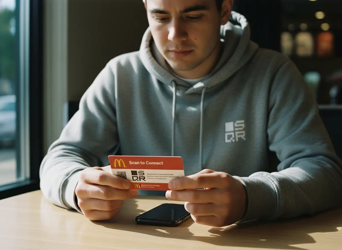 A person in a grey hoodie reviews a small QR code card at a table, showing how a printed code stays useful while the link behind it can change over time.
