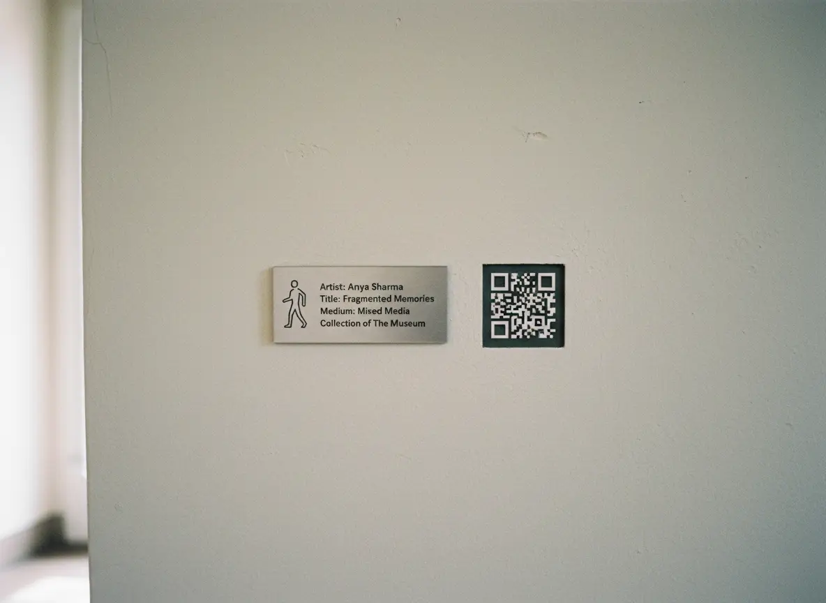 A minimalist museum wall with a small artwork plaque and a QR code placed beside it, offering more information without crowding the space.