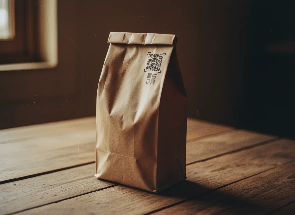 A simple paper product package on a wooden table with a small QR code printed on it, lit by soft natural light and shot with a calm, tactile feel.