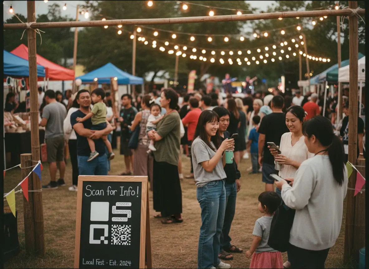 A lively outdoor event at dusk with string lights, people gathered, and a sign inviting visitors to scan a QR code for more information.