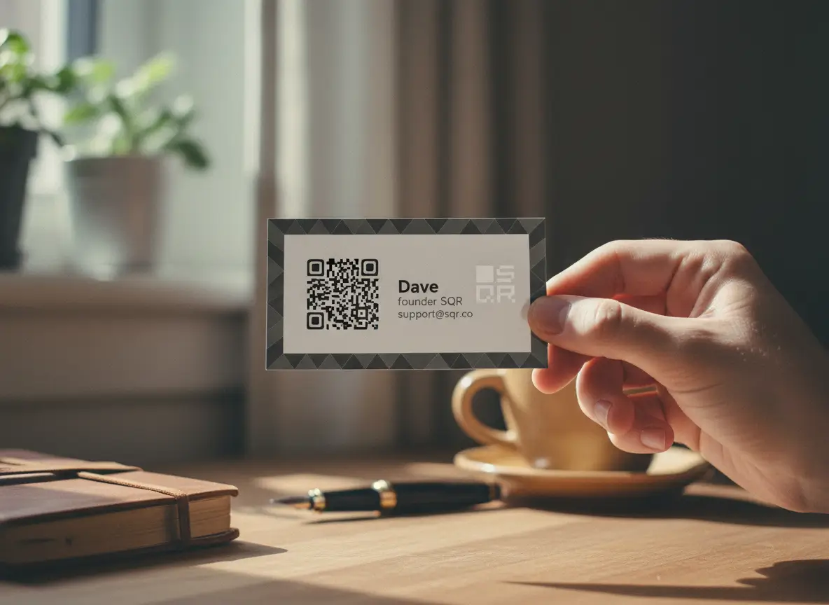 A hand holding a business card with a QR code in a calm workspace, making it easy to share contact details with a single scan.