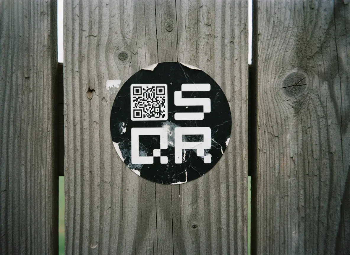 A worn QR code sticker on a wooden fence, showing how printed systems can stay useful even as information behind them changes.