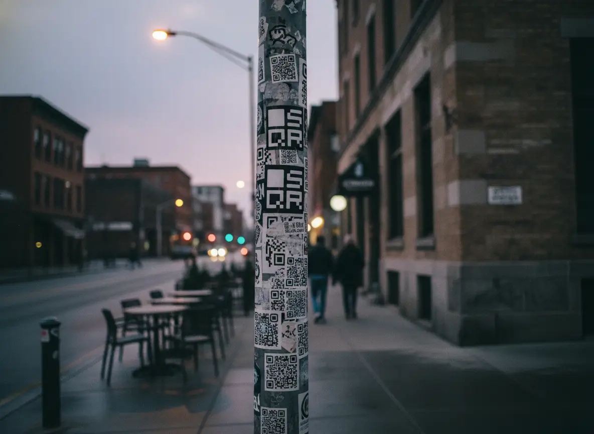 A city street at dusk with a pole covered in layered QR code stickers, blending into the urban environment and waiting to be discovered.