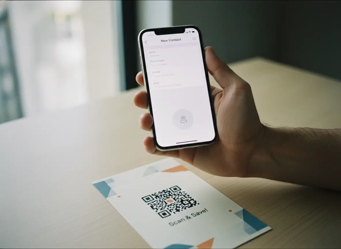 A phone shows the new contact screen while scanning a QR code on a printed card, demonstrating how a contact QR code lets someone save details to their phone instantly.