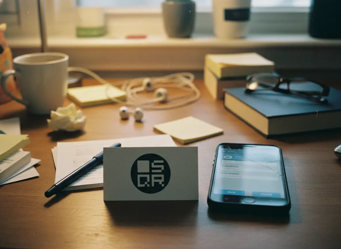 A contact QR code card sits on a desk next to a phone showing a contact save screen, illustrating how scanning a QR code is faster and easier than typing contact details by hand.