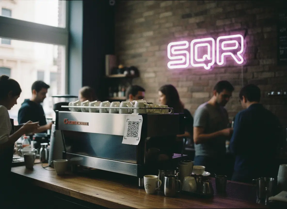 A contact QR code sticker on a café counter lets customers save the business’s contact details while they wait, showing how QR codes work best in real-world, in-the-moment situations.