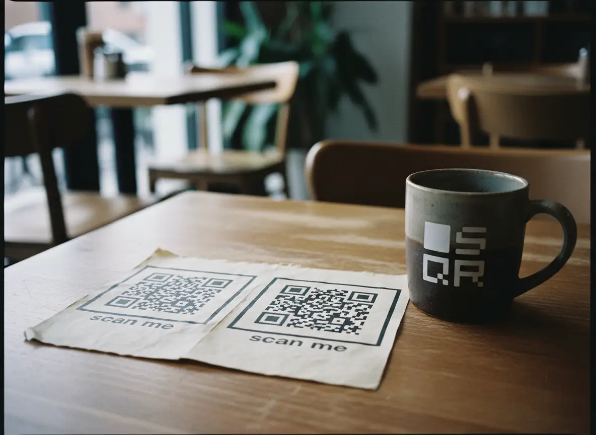 Two printed QR codes on a paper napkin on a café table next to a coffee mug, suggesting a casual real-world scan scenario.