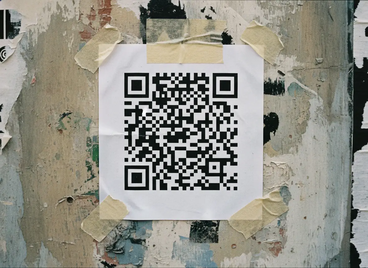 A printed QR code taped to a weathered wall, showing how static codes are often fixed in place and left unchanged over time.
