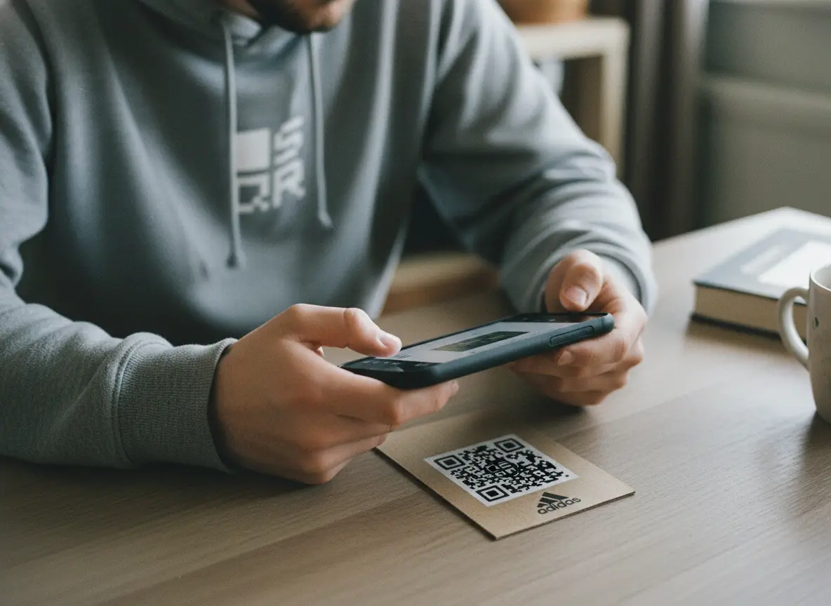 A person in a grey hoodie scanning a QR code with a smartphone at a table, showing how a dynamic code works in a real-world setting.